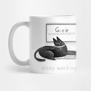 Cartoon black sleeping cat on a laptop and the inscription "Sleep working". Mug